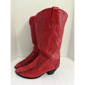 Acme Womens Red Leather Snakeskin Western Cowboy Boots Pointed Toe Size 10 M USA